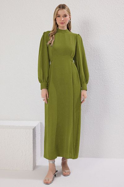 Trendyol Modest Oil Green Aerobin Woven Dress with Back Tie Detail Tctss25Eb00110