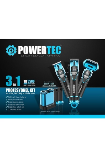 POWERTEC TR-5500 3in1 Profesyonel Bakım Kiti Saç Sakal Ense Vücut Günlük Tıraş Makinesi Seti