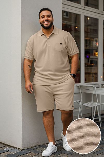 Trendyol Collection Camel Regular Cut Textured Polo Collar T-Shirt-Shorts Large Size Tracksuit Set Tmnss25Ts00037