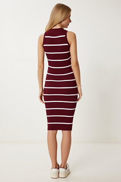 Happiness İstanbul Women's Burgundy Striped Summer Knitwear Bodycon Dress Ns00442