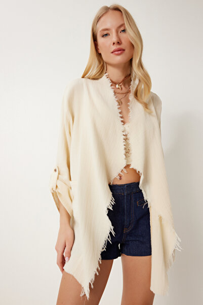 Happiness İstanbul Women's Cream Fringed Seasonal Muslin Jacket Sa00037