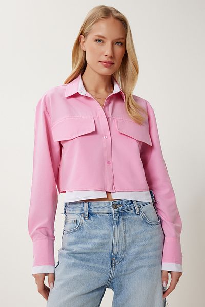 Happiness İstanbul Women's Pink Contrast Colored Woven Crop Shirt Mx00184