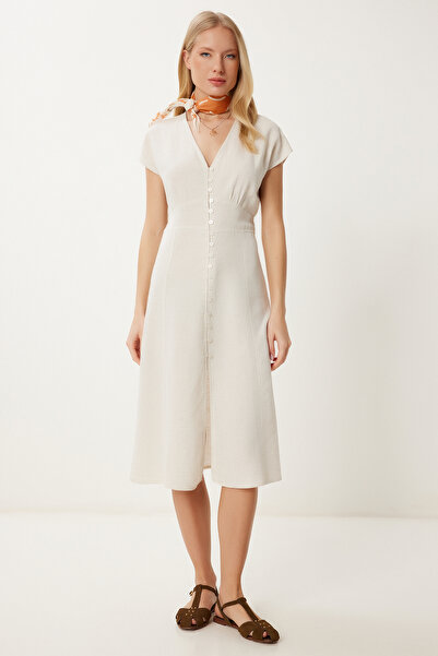 Happiness İstanbul Dámské krémové knoflíkové lněné šaty s detailem rozparku CR00498