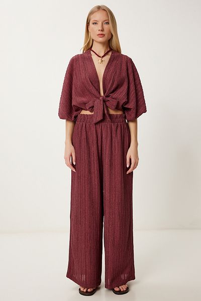 Happiness İstanbul Damen-Set mit Bluse und Palazzo-Hose aus burgunderrotem Leinenmischgewebe mit Schnürung RV00207