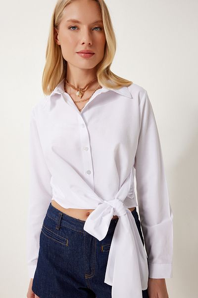Happiness İstanbul Cămașă crop țesătă cu șireturi albe pentru femei DD01351