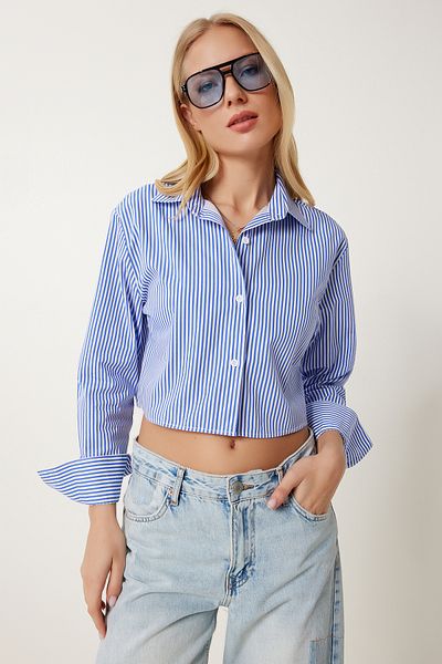 Happiness İstanbul Cămașă crop din popelin cu dungi albastre pentru femei CR00499