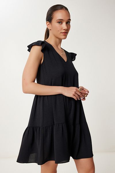 Happiness İstanbul Women Black V Neck Flared Textured Mini Knitted Dress Gx00005