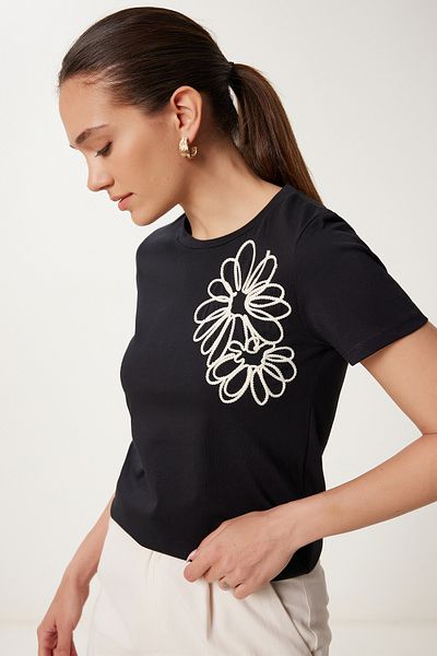 Happiness İstanbul Tricou tricotat din bumbac cu broderie florală neagră pentru femei CR00488
