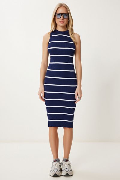 Happiness İstanbul Women's Navy Blue Striped Summer Knitwear Bodycon Dress Ns00442