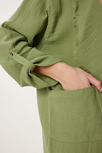 Happiness İstanbul Women's Khaki Fringed Seasonal Muslin Jacket Sa00037