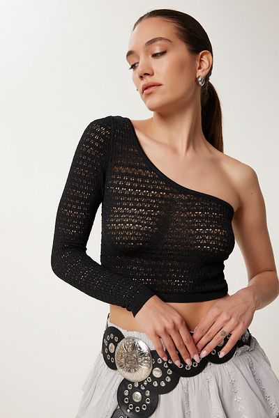 Happiness İstanbul Women's Black Single Shoulder Openwork Flexible Knitted Blouse Ns00430