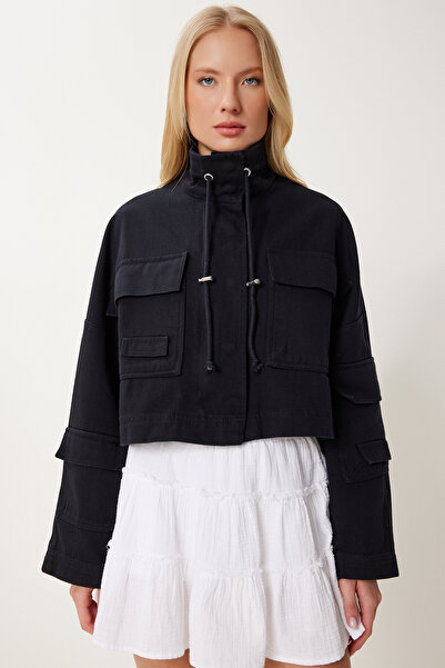 Happiness İstanbul Γυναικείο μαύρο μπουφάν Gabardine με λεπτομέρειες SA00042