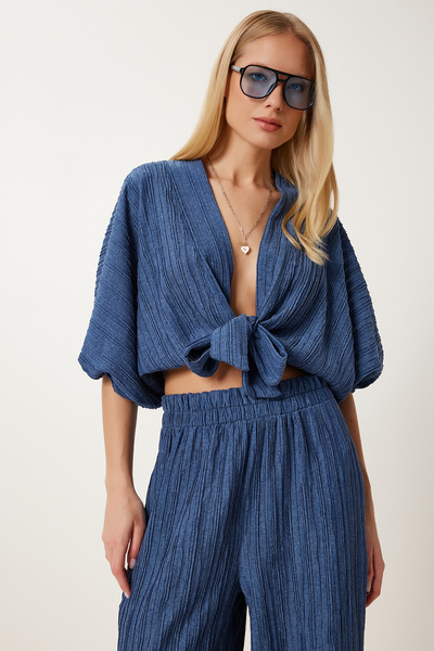 Happiness İstanbul Női indigókék lenkeverék, fűzős blúz Palazzo nadrágkosztüm RV00207