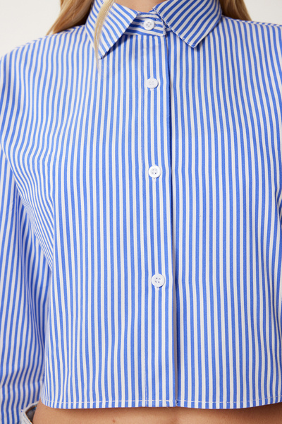 Happiness İstanbul Cămașă crop din popelin cu dungi albastre pentru femei CR00499