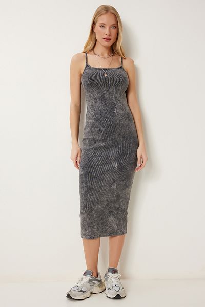 Happiness İstanbul Women's Black Strappy Ribbed Cotton Knitted Dress Ns00438