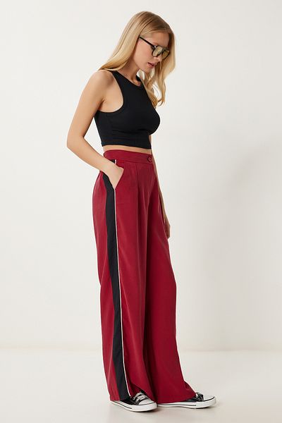 Happiness İstanbul Burgunderfarbene gestreifte Modal Palazzo-Hose für Frauen NS00445