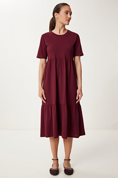 Happiness İstanbul Women's Burgundy Oversize Flounce Summer Knitted Dress Cr00475