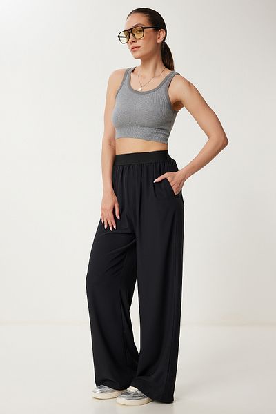 Happiness İstanbul Schwarze, drapierte Sommerhose für Damen mit Taschen US00979