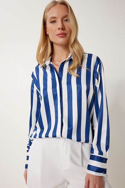 Happiness İstanbul Women's Navy Blue White Striped Satin Surface Draped Shirt Mx00187