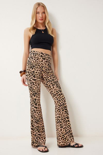 Happiness İstanbul Women Black Cream Patterned Flare Leg High Waist Stretchy Knitted Pants Cr00491