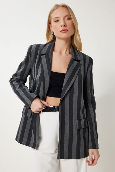 Happiness İstanbul Women's Gray Striped Oversize Seasonal Blazer Jacket Mx00185