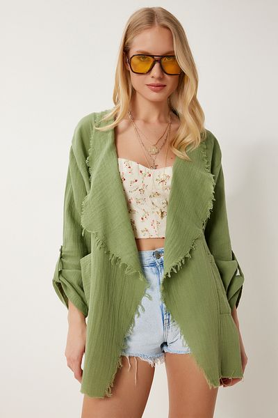 Happiness İstanbul Damen Khaki Fransen Saisonale Musselin Jacke SA00037