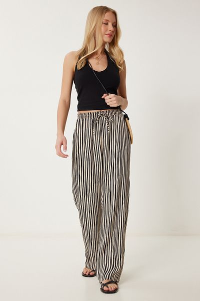 Happiness İstanbul Women's Black Cream Striped Satin Surface Palazzo Trousers Cr00493