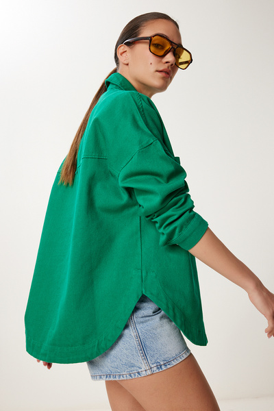 Happiness İstanbul Γυναικείο σκούρο πράσινο κουμπωτό εποχιακό μπουφάν Gabardine SA00043