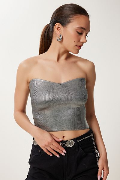 Happiness İstanbul Women's Metallic Gray Sparkle Stretchy Crop Strapless Blouse Ns00434