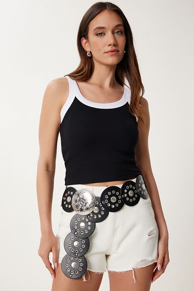 Happiness İstanbul Schwarz-weißes 2er-Pack kontrastfarbenes, bauchfreies, geripptes Damen-Tanktop US00973