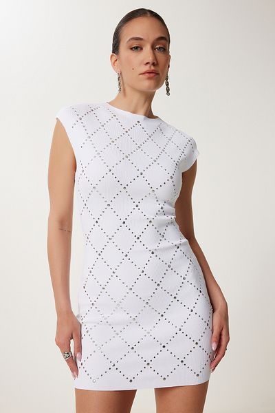 Happiness İstanbul Women's Ecru Stylish Stone Detailed Flexible Bocycon Dress Ns00431
