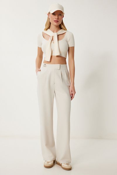 Happiness İstanbul Cremefarbene Palazzo-Hose aus Leinenmischung mit Klettverschluss für Damen ZV00306