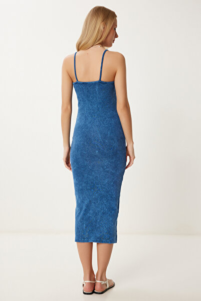 Happiness İstanbul Kadın İndigo Mavi Askılı Fitilli Pamuklu Örme Elbise NS00438