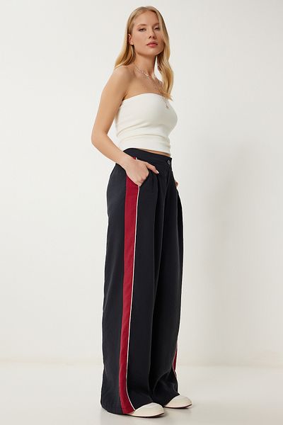 Happiness İstanbul Women's Black Striped Modal Palazzo Trousers Ns00445