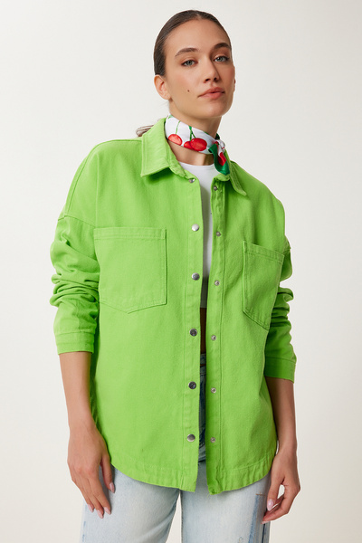 Happiness İstanbul Γυναικείο παλτό πουκάμισο με πράσινο φιστίκι SA00043