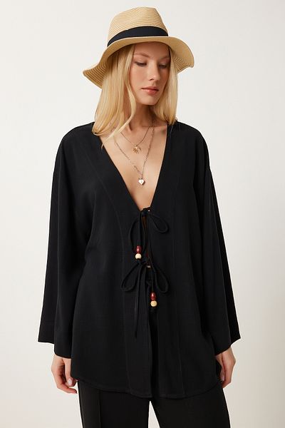 Happiness İstanbul Schwarzer Leinen-Kimono für Damen, lockere Palazzo-Hose, Anzug RV00208