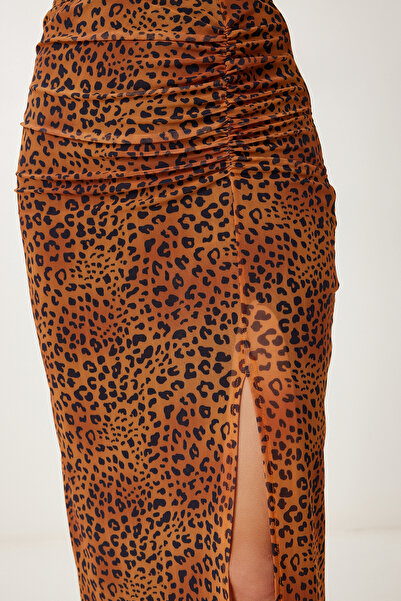 Happiness İstanbul Women's Camel Leopard Patterned Slit Stretchy Chiffon Skirt Cr00490