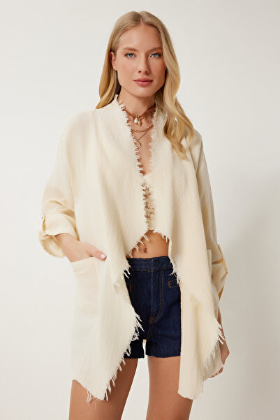 Happiness İstanbul Women's Cream Fringed Seasonal Muslin Jacket Sa00037