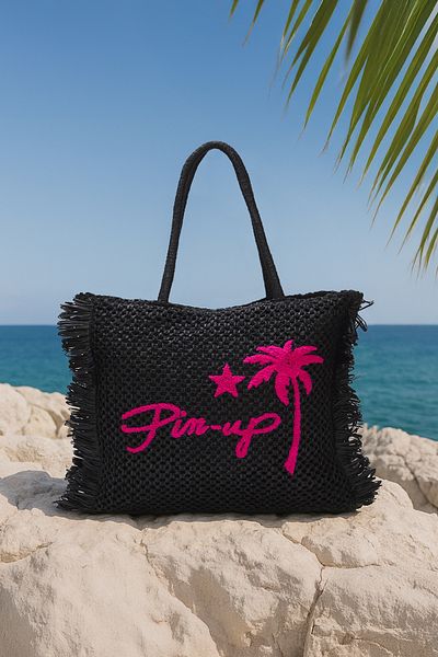 TRENDYOL SHOES Black Embroidered Tassel Detailed Straw Women Maxi Tote Shoulder Bag Takss25Oc00049