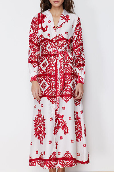 Trendyol Modest Βραδινό φόρεμα πουκάμισο με φούξια υφαντό σατέν σχέδιο TCTSS24EB00039