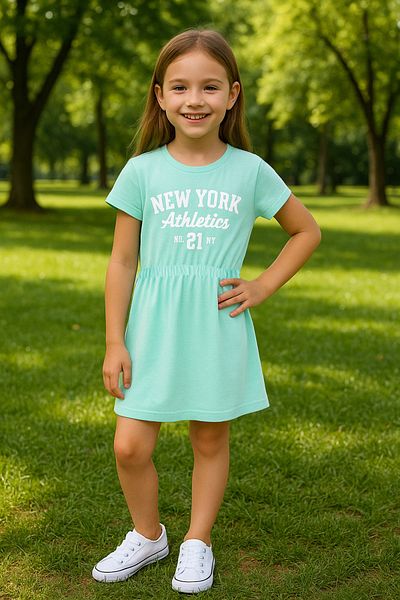 TRENDYOLKIDS Μίνι πλεκτό φόρεμα με σλόγκαν μέντας για κορίτσια 100% βαμβακερό εμπριμέ κοντό μανίκι ελαστική μέση TKDSS25EL00084