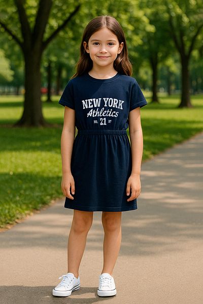 TRENDYOLKIDS Sötétkék lányok 100% pamut szlogen nyomott rövid ujjú elasztikus derék mini kötött ruha TKDSS25EL00084