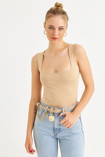 Cool & Sexy Women's Milk Coffee Square Neck Blouse Tf64-90