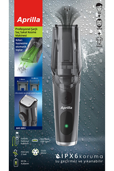 Aprilla Ahc-5051 Şarjlı, Vakumlu, Paslanmaz Çelik Bıçaklı Profesyonel Saç Sak...