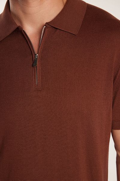 Tudors Ανδρικό Slim Fit Στενό Κομμένο Μάλλινο Πουλόβερ Φερμουάρ Καφέ Πολό Γιλέκο