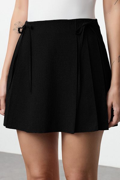 Trendyol Collection Black Striped Pleat and Ribbon Detailed Mini Length Woven Skirt Tedaw25Et00012