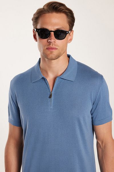 Tudors Ανδρικά Slim Fit Στενά Κουμπωμένα Κοντομάνικα Πόλο Μπλουζάκια Φερμουάρ από Βαμβάκι Indigo
