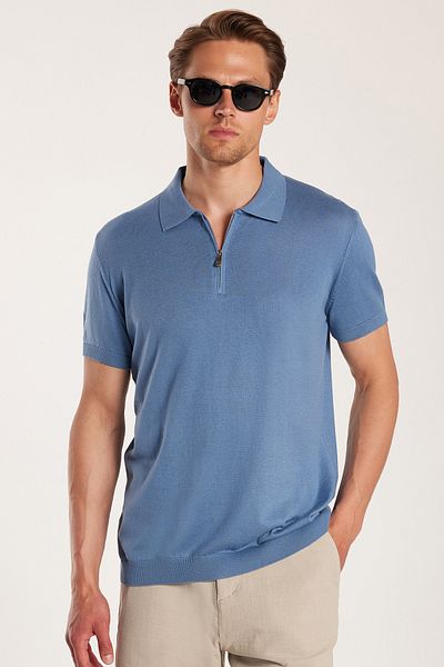 Tudors Ανδρικά Slim Fit Στενά Κουμπωμένα Κοντομάνικα Πόλο Μπλουζάκια Φερμουάρ από Βαμβάκι Indigo