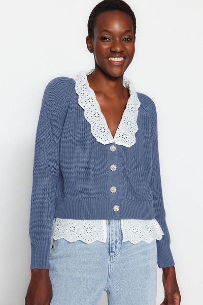 Trendyol Collection Indigó V-nyakú kötöttáru Crop kardigán - Garni részletekkel TWOAW24HI00221