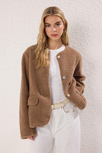 Trendyol Collection Χοντρό πλεκτό βελούδινο φούτερ βιζόν - Λεπτομέρεια τσέπης, κανονική εφαρμογή TWOAW25SW00251